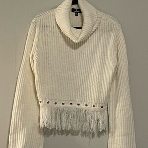 Lulu's Cream Cowl Neck Sweater with Fringe and Studs. Item # 11325